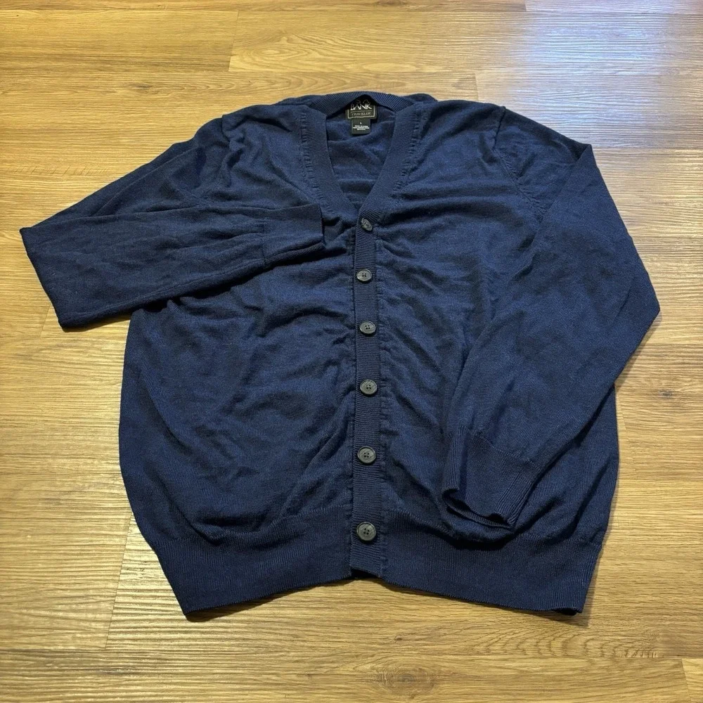 Jos A Bank Traveler Cardigan Sweater Mens *Fits Sz Small* Merino Wool Navy Blue